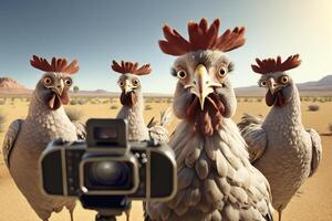 torpe pollo paparazzi un grupo de divertidísimo pollos en safari ai generado foto