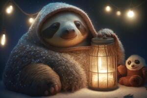 happy and tired sloth peacefully sleeps evening next to a lantern photo