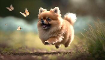 Chasing Butterflies Adorable Pomeranian Dog on a Green Meadow photo