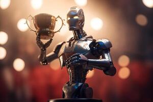 Futuristic Robot holding a trophy in victory celebration photo