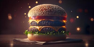 jugoso hamburguesa con bokeh fondo, delicioso rápido comida ilustración ai generado foto