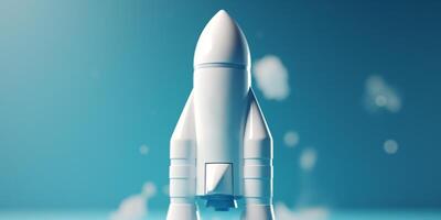 Symbolic 3D Rendering of White Rocket Model against Blue Background for Startup Concepts photo