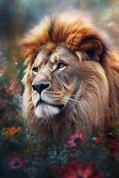 Majestic Lion Resting Amongst Summer Flowers in Watercolor photo