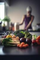 brillante cocina con de madera encimera, abundante frutas y verduras, y borroso cocinero en el antecedentes ai generado foto