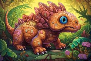 caprichoso y vistoso digital cómic Arte el aventuras de protoceratops en un juguetón mundo ai generado foto