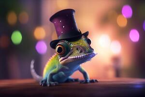 The Dapper Chameleon A Photorealistic and Playful Cartoon with a Top Hat photo