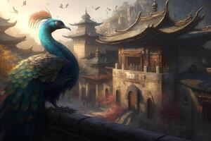 Majestic Chinese Peacock in Front of Enchanting Temple photo