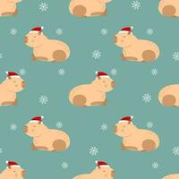 Seamless pattern with capybara in red hat and snowflakes Happy independence day. vector