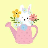 Cute white rabbit in a garden watering can with flowers. Easter print vector