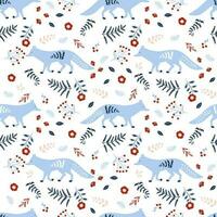 Winter seamless pattern. Christmas seamless pattern with foxes, winter branches, berries and flowers vector