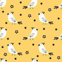 Cute bird with flowers. Funny seamless pattern for wrapping paper, wallpapers, prints for childish textiles, pillows, cards, t-shirts. vector