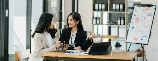 Portrait of success business people working together in home office. Couple teamwork startup concept photo