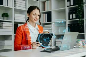 Business working with reduce CO2 concept with icons, global warming such as reforest green factory recycle and zero carbon dioxide emission concept. with VR icon at office photo