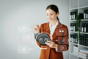 Woman using chat bot in smartphone intelligence Ai. Chat with AI Artificial Intelligence, developed by OpenAI generate. robot in online system. in office photo