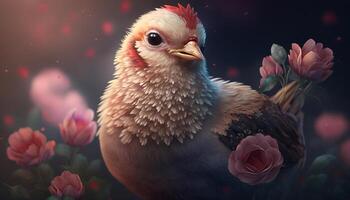 Fluffy chicken surrounded by roses in a blooming garden photo