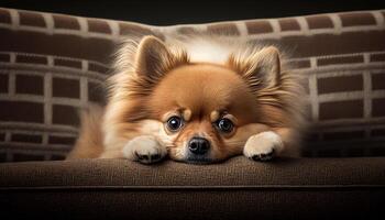 acogedor pomeranio cachorro tomando un relajante sofá siesta ai generado foto