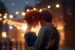 A Romantic Night Out Photorealistic Cartoon Couple Embracing and Kissing Under Festive Lights photo