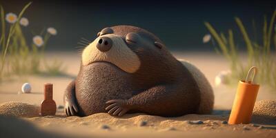 A Fun and Sweet Mole Taking a Sunbath at the Beach in the Summer photo