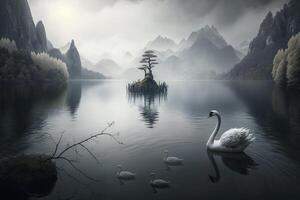 A Majestic Swan and Her Three Cygnets on a Chinese Lake with a Serene Island photo