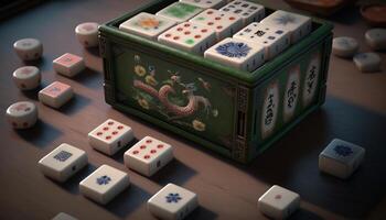Colorful Chinese Mahjong Set with Tiles, Dice and Counters on Table photo