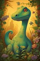 Whimsical and Colorful Digital Art Hilarious Brachiosaurus Dinosaur Comic Illustration photo