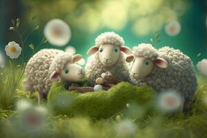 A Flock of Playful Fluffy Sheep Grazing on a Green Spring Meadow photo