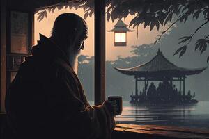reflexiones de serenidad un mayor chino hombre contemplando por el lago en un té casa ai generado foto