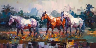 tremendo pezuñas un impresionista pintura de caballos en rico, calentar colores y negrita Pinceladas ai generado foto