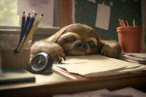 very tired sloth sleeps on the files in the office photo