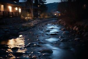 Noche montaña corriente reflejando pueblo luces y guijarros ai generado foto