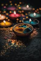 vibrante festivo decoraciones con vistoso velas para indio diwali celebraciones ai generado foto