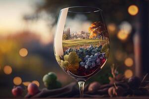 vino vaso reflexiones un fotomontaje de viñedos, uvas, y vino ai generado foto