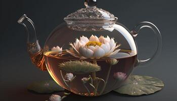 Lotus Flower Tea A Creative Photomontage of Tea and Flower in a Glass photo