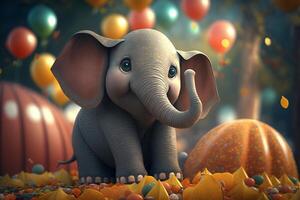 Little elephant with pumpkins and balloons on the way to a Halloween party photo