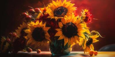 Abstract Still Life with Sunflowers in a Bold Vase, Vibrant Brushstrokes and Colors photo