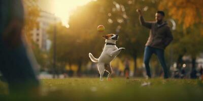 canino Tiempo de juego perro y propietario persiguiendo pelota en el parque ai generado foto
