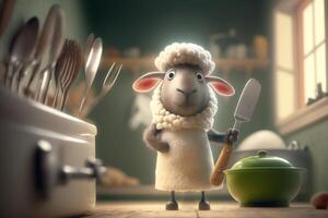 Little Sheep Chef Cooking up a Storm in the Kitchen with Utensils and a Wooden Spoon photo