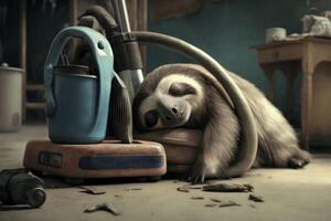 Exhausted tired sloth fell asleep while working with the vacuum cleaner photo