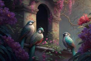 Enchanted Garden Small Chinese Birds Perched Amongst Magic Blossoms photo