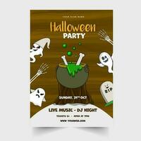 Halloween Party Invitation Card With Boiling Cauldron On Wood Stump. vector