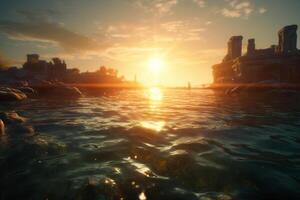 Sunset View of Ancient Ruins on Coastline with Waves in Foreground photo