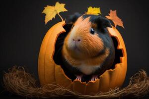 Funny guinea pig sits in the Halloween pumpkin and nibbles photo