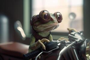 The Cool Chameleon Biker with Goggles on His Motorcycle photo