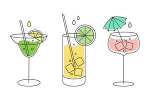 A set of linear drawings of refreshing fruit cocktails with different drinks, ice cubes, straws and umbrellas. Drinks icons, cafe menu, vector