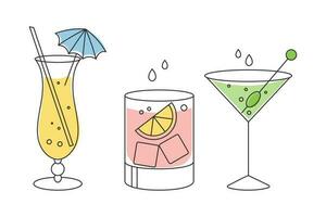 A set of linear drawings of refreshing fruit cocktails with different drinks, ice cubes, straws and umbrellas. Drinks icons, cafe menu, vector