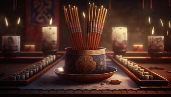 aromático incienso palos en un tradicional chino ajuste ai generado foto