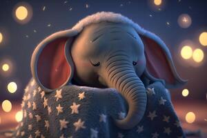 Adorable Little Elephant Sleeping Peacefully Wrapped in a Cozy Blanket and Dreaming Sweetly photo