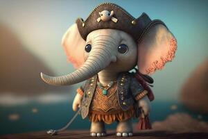 aventurero pequeño elefante en pirata atuendo Listo para tesoro cazar ai generado foto