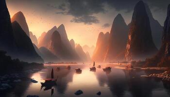 River Serenade Majestic Chinese Landscape with Sunset Glow, Boats, and Mountains photo