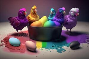 Adorable Little Chicks Painting Easter Eggs and Covered in Colors photo